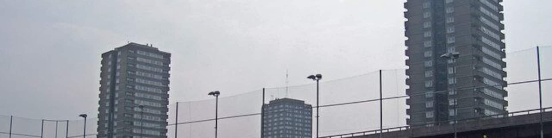 Westway Sports Centre in foreground. In the background are the Westway elevated road, and three tower blocks: Whitstable House, Grenfell Tower (pre-refurbishment) and Dixon House