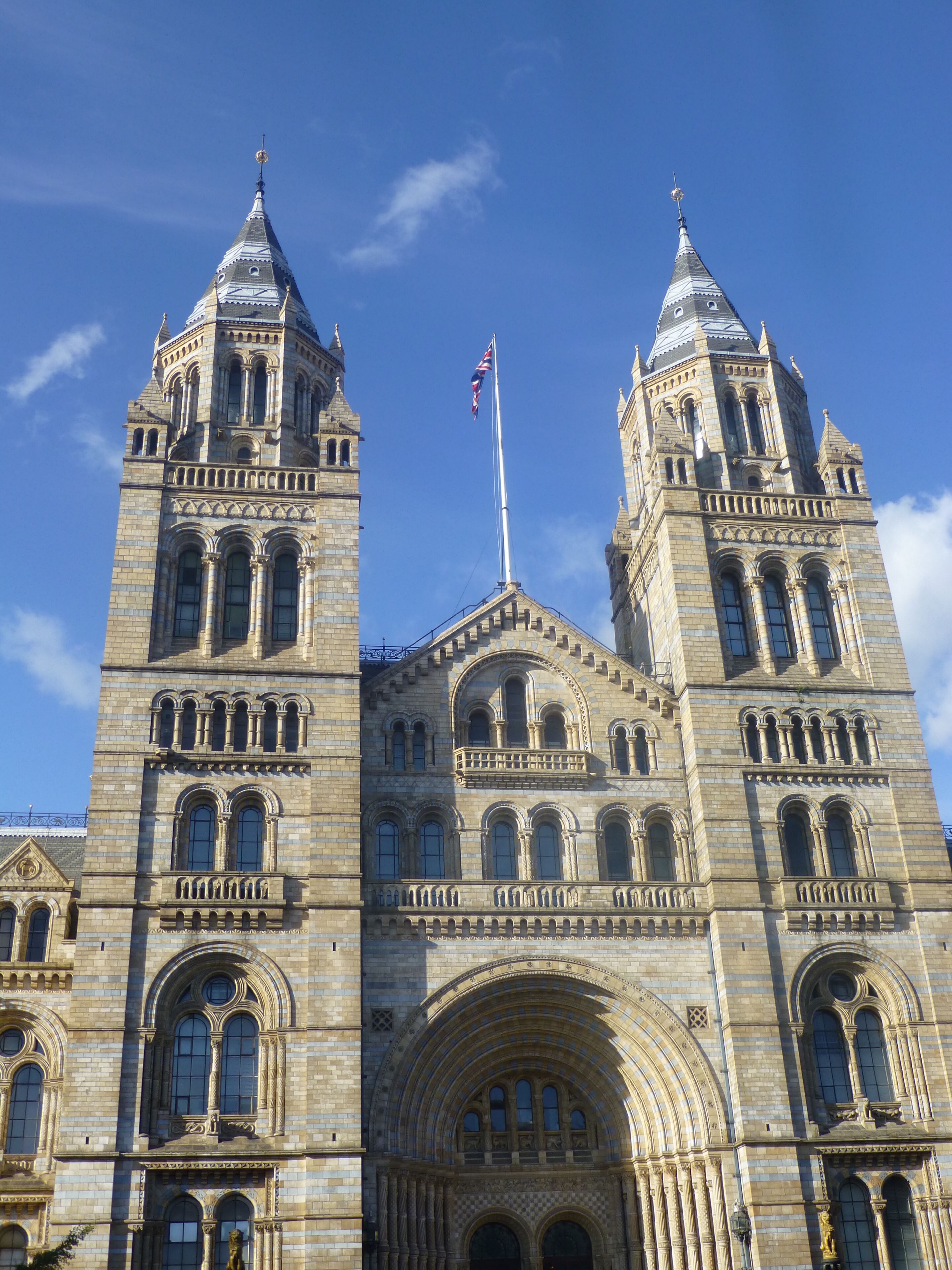 A large, ornate building with two tall towers, a central arched entrance, and a flagpole with a flag.