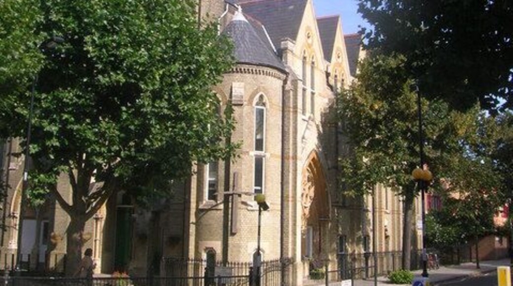 Notting Hill Methodist Church, Silchester Road, London W10, seen from the south from the junction with Kingsdown Close