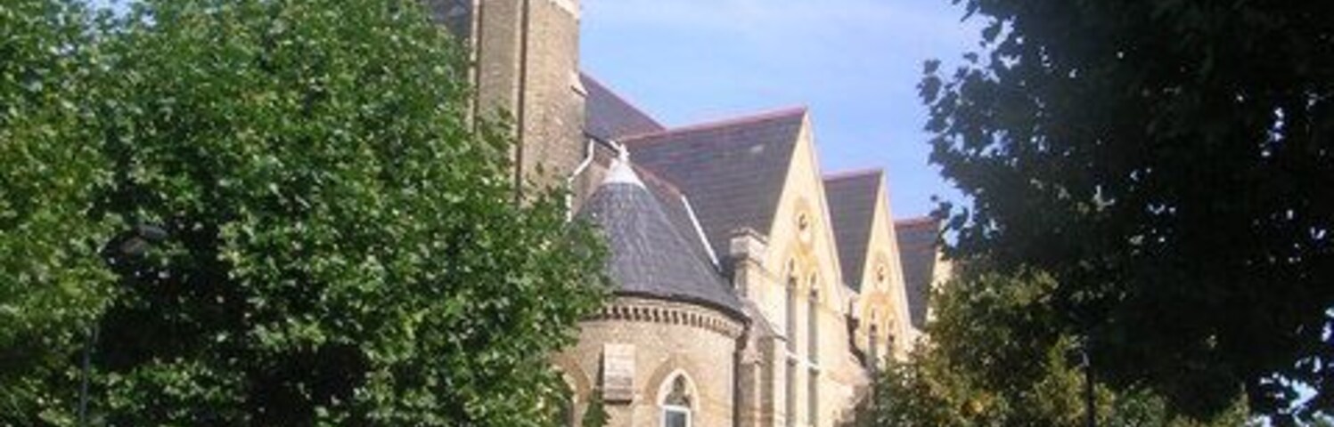 Notting Hill Methodist Church, Silchester Road, London W10, seen from the south from the junction with Kingsdown Close