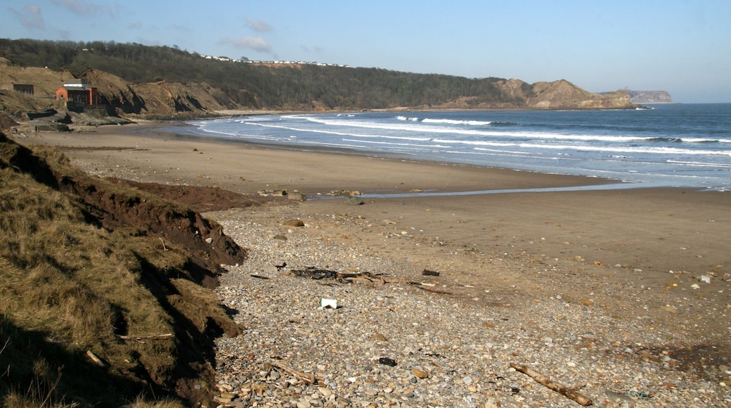 Cayton Bay and beach The photograph is taken from near to the bottom of a steep, metalled path ( https://www.geograph.org.uk/photo/1776491 ) from the cliff top and car park ( https://www.geograph.org.uk/photo/1776414 ) above. In the left foreground can be seen the boulder clay that the local cliff is made from and the cause of so much land slippage in recent years. For more, follow this link to the BBC news web site: http://news.bbc.co.uk/1/hi/england/north_yorkshire/8550186.stm . The red bricked building (upper left) is the Yorkshire Water Cayton land drainage pumping station. For another photograph taken some 150metres nearer the pumping station, click here: https://www.geograph.org.uk/photo/1777802 . The bungalows on the cliff top in the distance are built on the site of the former NALGO holiday camp and have been the subject of press interest in recent years because of the previously mentioned land slippage. For more, follow this link to the BBC news web site: http://news.bbc.co.uk/1/hi/uk/8578583.stm . At the end of the bay is Knipe Point (TA 06513 85470), which is sometimes referred to as Osgodby Nab. (The OS map erroneously refers to Osgodby Point) and, beyond that, in the distance can be seen the castle headland at Scarborough (TA 05051 89213).