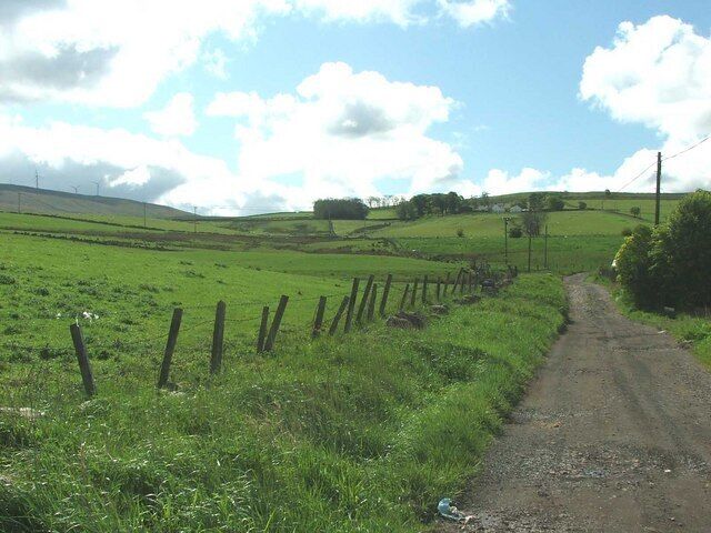 A rural dirt road flanked by green fields and a wooden fence.