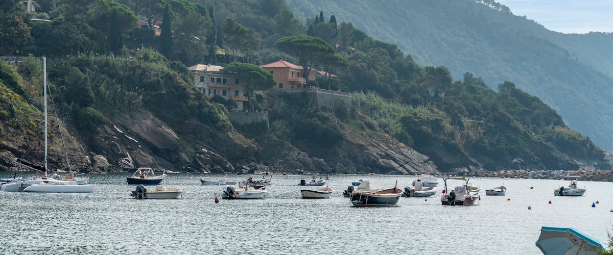 A coastal village with boats on the water, surrounded by hills and trees.