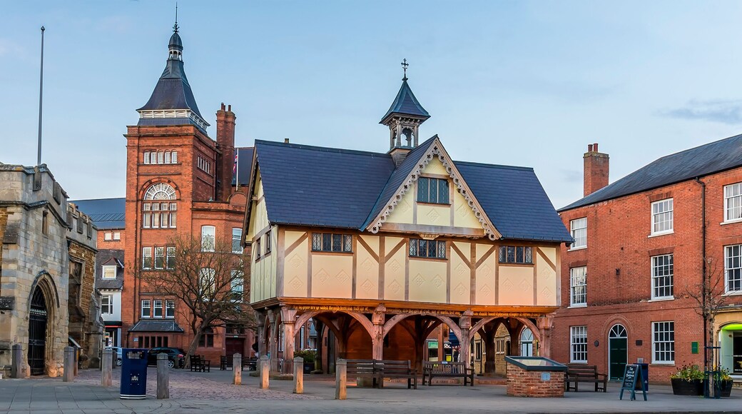 A panorama view across the old church square in Market Harborough, UK on a spring evening