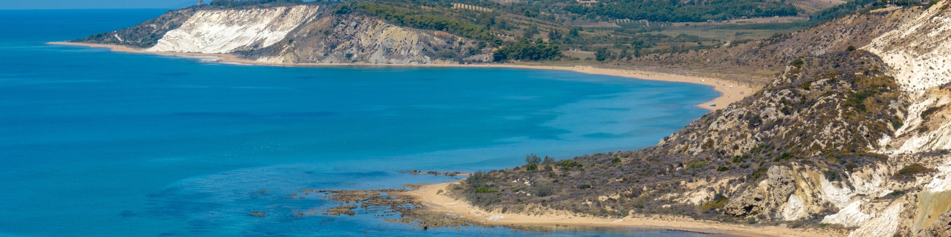 Aerial view of the Dama Bianca of Torre Salsa, located near Siculiana Marina, in the province of Agrigento, Sicily, Italy. These are sedimentary rocks called evaporites, belonging to the gypsum-sulfur