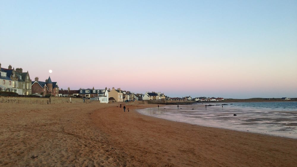 Ein Strand mit Häusern im Hintergrund und blauem Himmel.