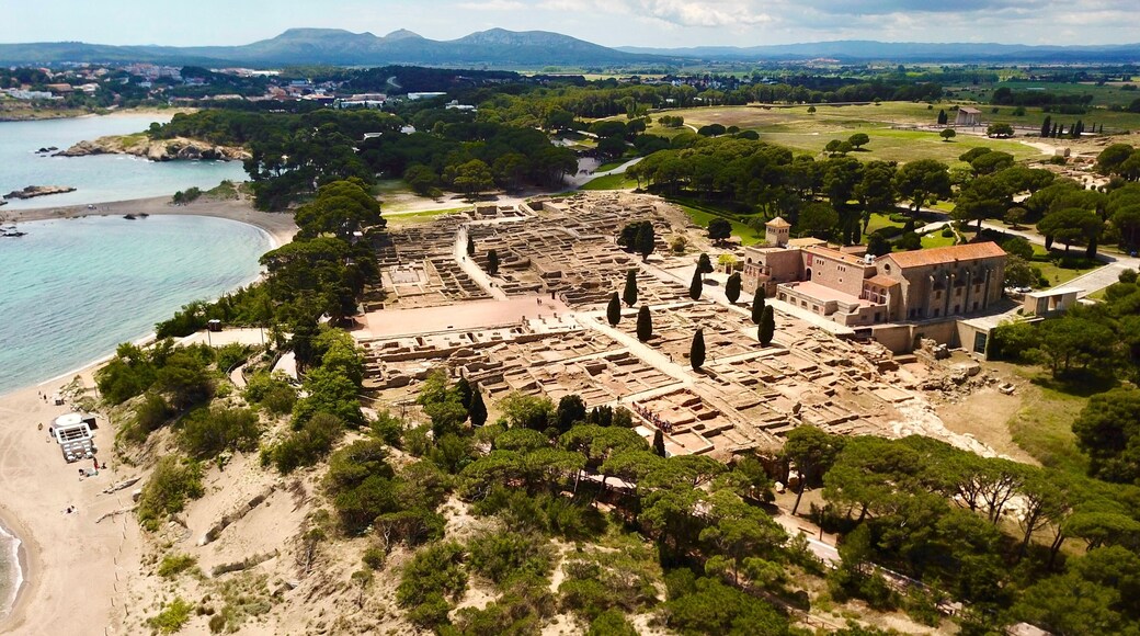 aerial view of the Museu Arqueològic d'Empúries, archaeology site at the beach of the Mediterranean Sea near l'Escala, Girona, Catalonia, Costa Brava, Spain