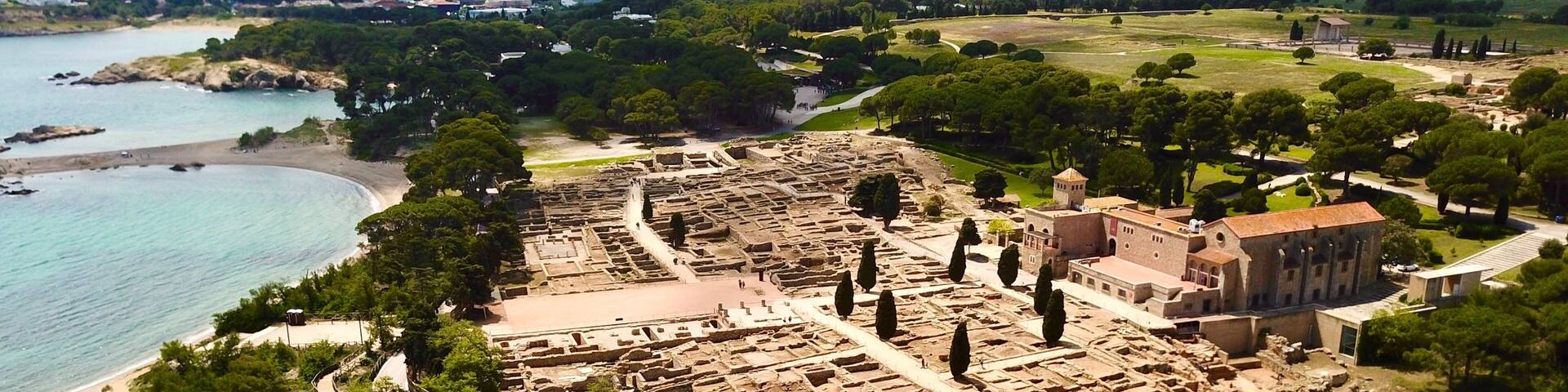 aerial view of the Museu Arqueològic d'Empúries, archaeology site at the beach of the Mediterranean Sea near l'Escala, Girona, Catalonia, Costa Brava, Spain