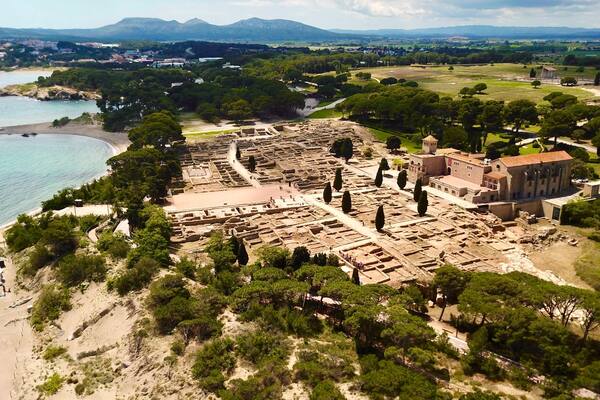aerial view of the Museu Arqueològic d'Empúries, archaeology site at the beach of the Mediterranean Sea near l'Escala, Girona, Catalonia, Costa Brava, Spain