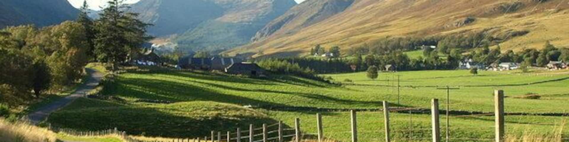 View northwards in Glen Clova, showing Caddam Farm and Clova Hotel More beautiful than the photograph depicts.