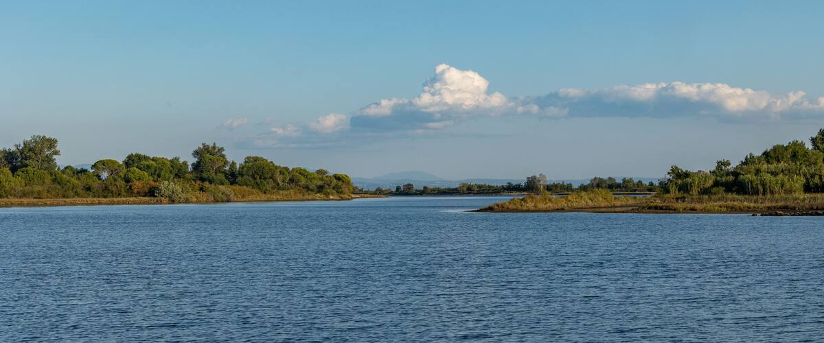 A calm lake with a clear sky and distant mountains.