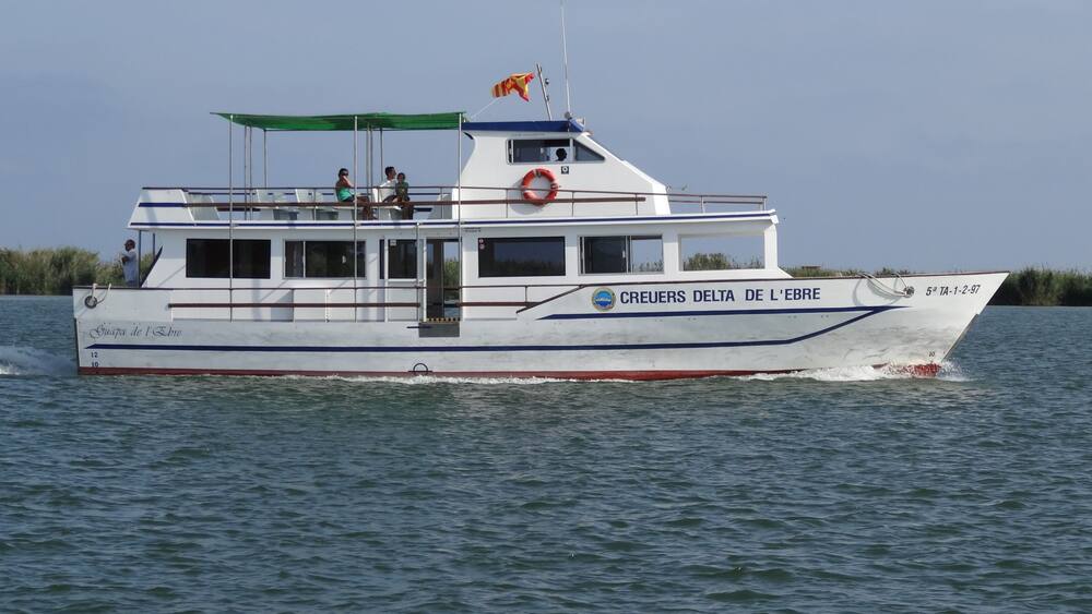 A white boat with "CREUERS DELTA DE L'EBRE" written on the side, moving on water.