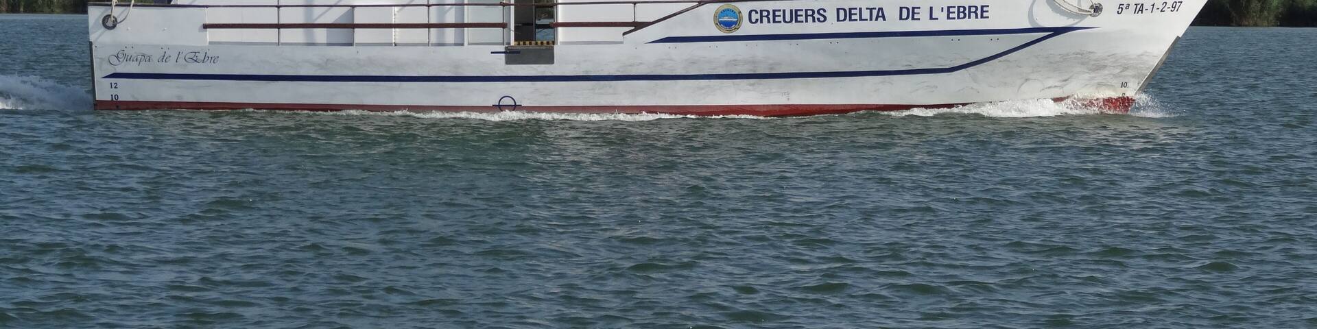 A white boat with "CREUERS DELTA DE L'EBRE" written on the side, moving on water.