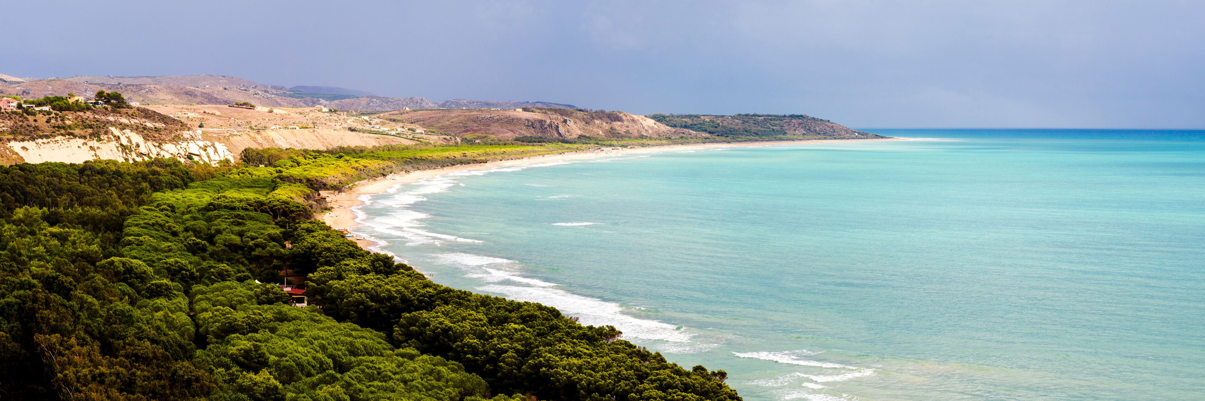 A coastal landscape with a beach, dense green forest, and hills in the background.