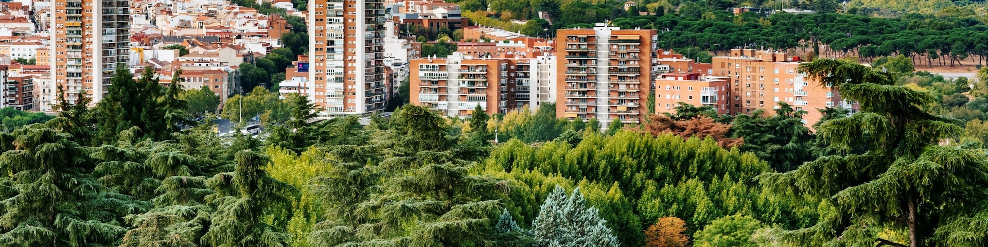 Paisagem urbana com edifícios residenciais densos e uma floresta verde exuberante em primeiro plano.