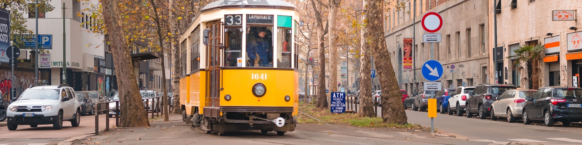 Un tranvía amarillo con el número 33 circula por una calle urbana bordeada de árboles otoñales y coches estacionados.
