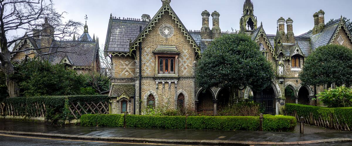 Houses near Highgate Cemetery, a place of burial in north London, next to Waterlow Park, in the London Borough of Camden