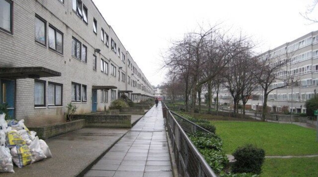 Gospel Oak: Lismore Circus Estate: Ludham (1) Ludham, on the left, and Waxham on the right, are two parallel blocks of continuous housing units dating from the early 1970s. They are both about 240 metres long. There are copious photographs of this estate when it was brand new on the English Heritage Viewfinder website here http://viewfinder.english-heritage.org.uk/default.aspx