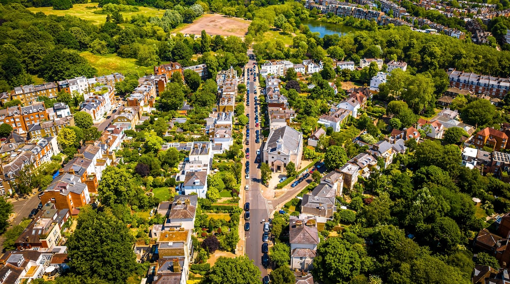 Vista aérea de una zona residencial con casas, calles y áreas verdes.