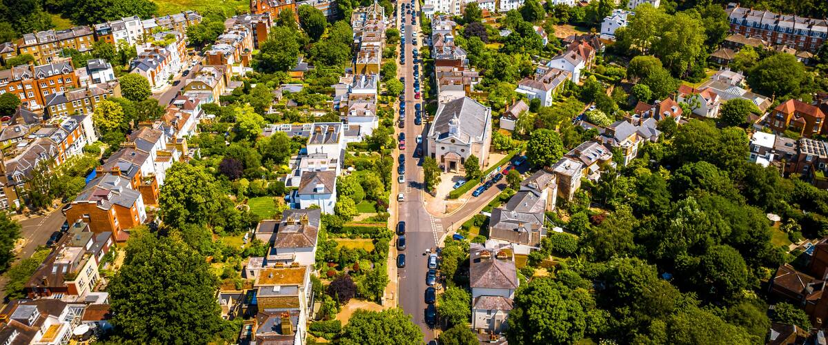 Aerial view of Belsize Park, a residential area of Hampstead in the London Borough of Camden, England
