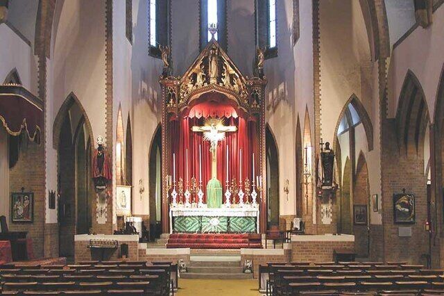 Church of England parish church of St Silas, Kentish Town, London NW5: interior of nave looking east towards the apsidal chancel.
