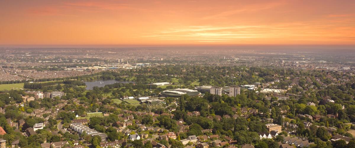 Wimbledon aerial view at dawn with houses and quiet streets