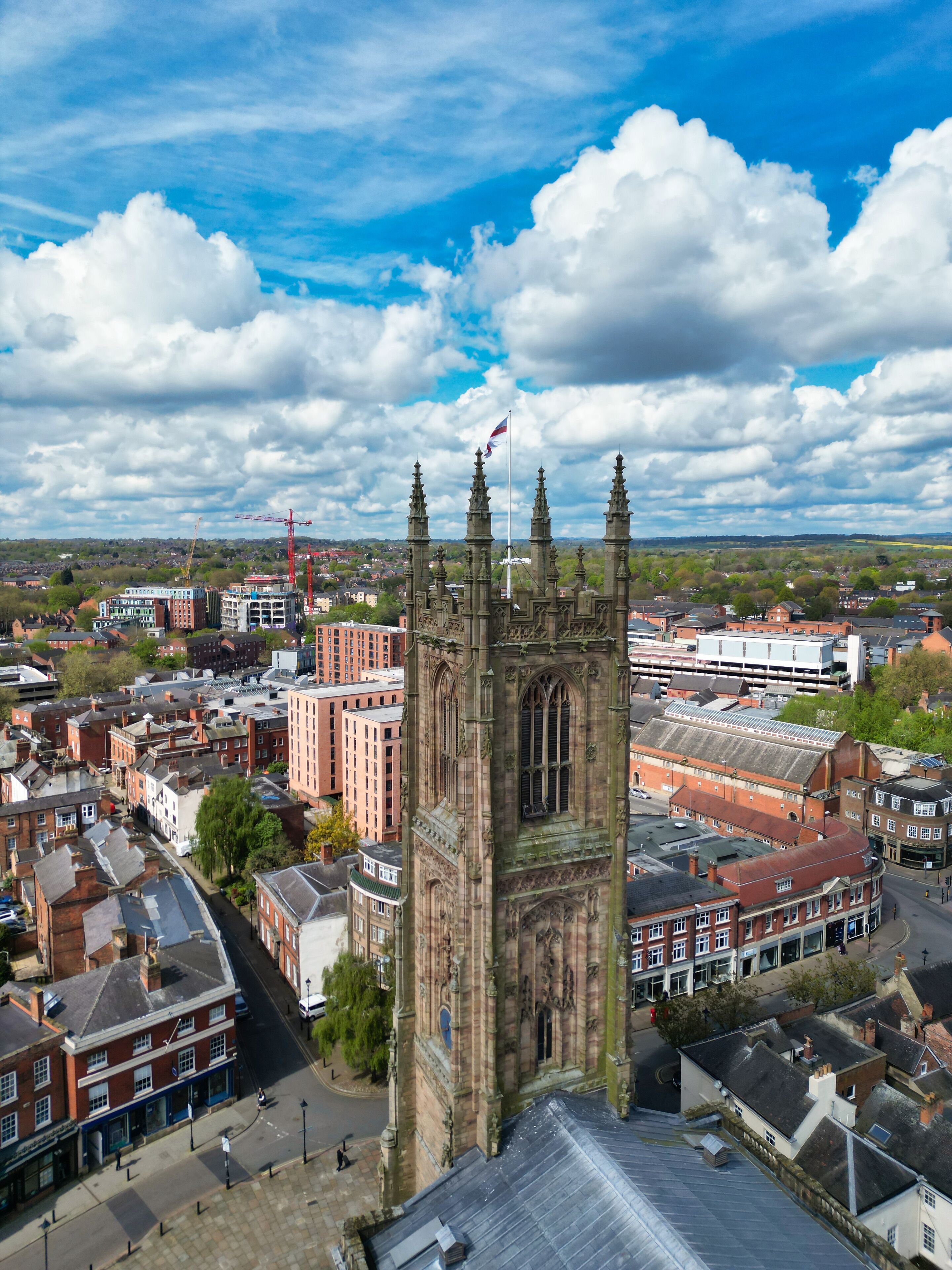 An Aerial View of Downtown and Central Derby City Centre of Midlands England, Great Britain