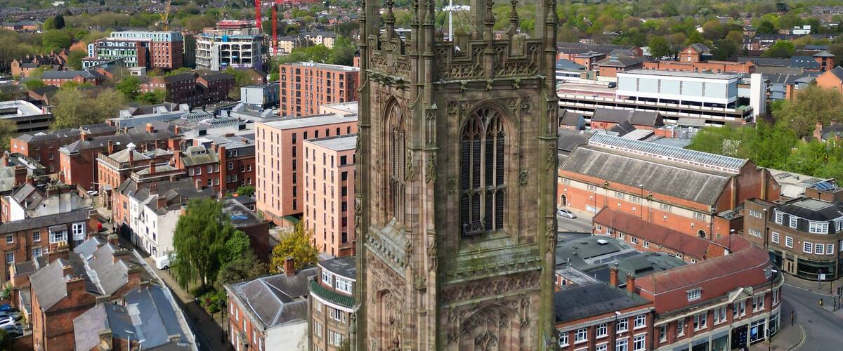 An Aerial View of Downtown and Central Derby City Centre of Midlands England, Great Britain