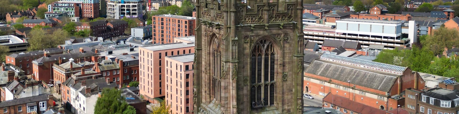 An Aerial View of Downtown and Central Derby City Centre of Midlands England, Great Britain