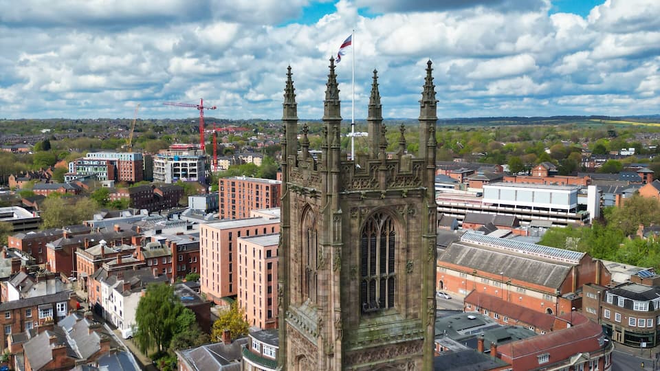 An Aerial View of Downtown and Central Derby City Centre of Midlands England, Great Britain