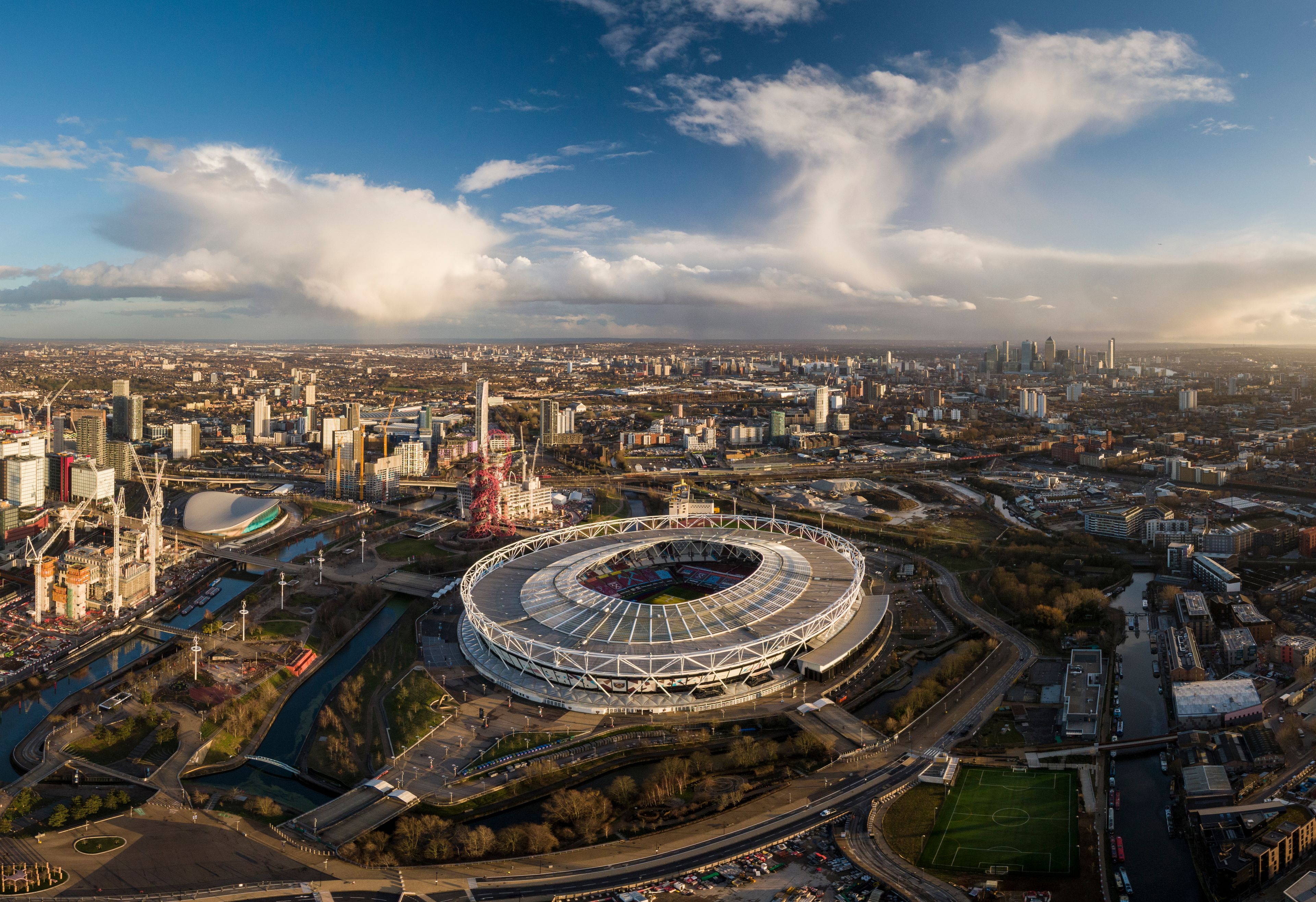 UK, London, Aerial view The Olympic Stadium at sunset
