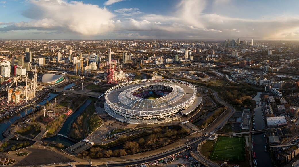 UK, London, Aerial view The Olympic Stadium at sunset