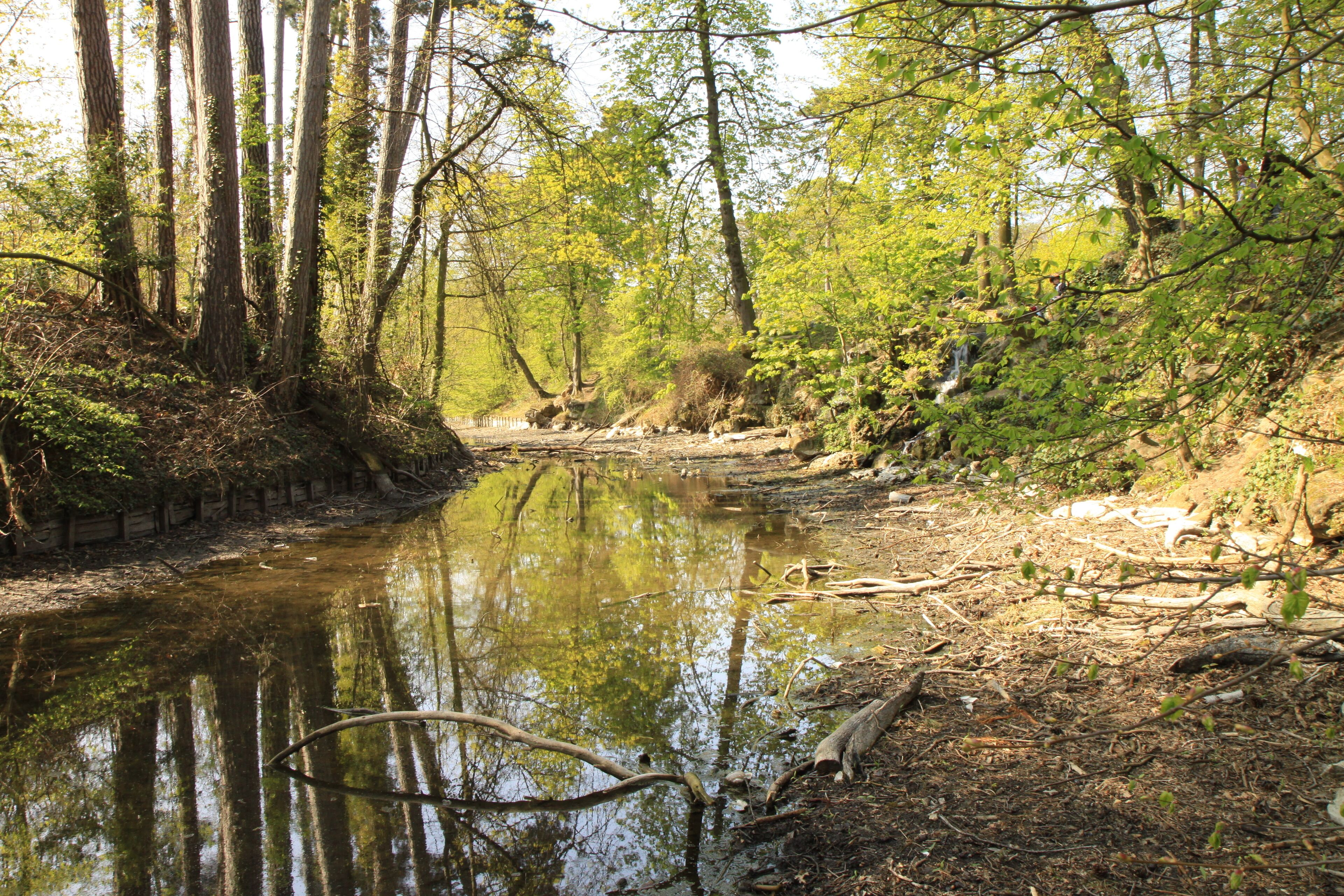 Vue du lac des Minimes dans le bois de Vincennes suite à une vidange pour travaux au printemps 2010.