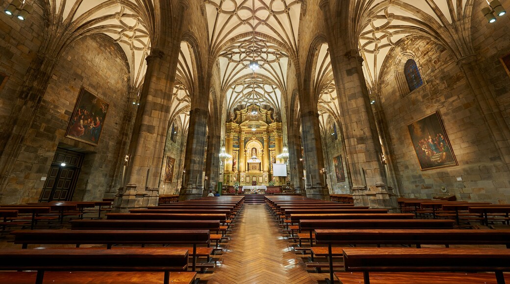 A cathedral interior with high vaulted ceilings and rows of wooden pews.