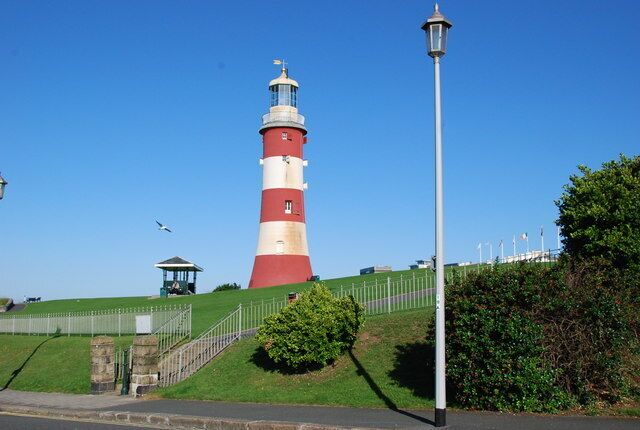 Smeaton's Tower This Lighthouse used to be approximately 12 miles off Plymouth Hoe on the Infamous Eddystone Reef; it was removed brick by brick over one hundred and twenty years ago and placed on Plymouth Hoe. The remaining base can still be seen next to the present Lighthouse on a clear day!