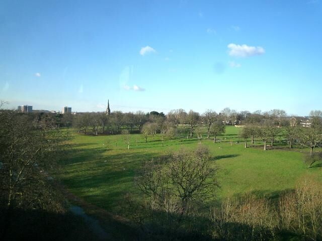 Churchfields Recreation Ground from the Wharncliffe Viaduct St. Mary's church, St.Andrews and Gleneagles Towers are in the background.