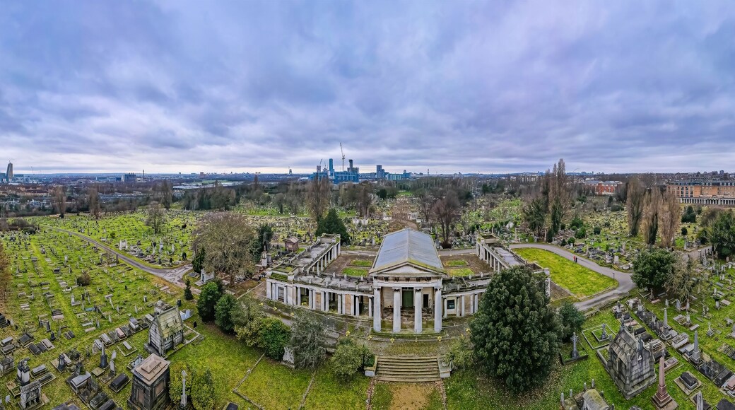 Aerial view of St Mary's Catholic Cemetery, located on Harrow Road, Kensal Green in North West London, UK