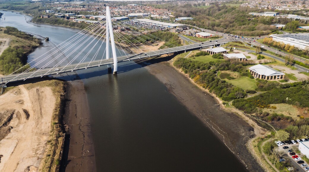 Eine große weiße Brücke überspannt einen breiten Fluss, umgeben von Industriegebäuden und Grünflächen.