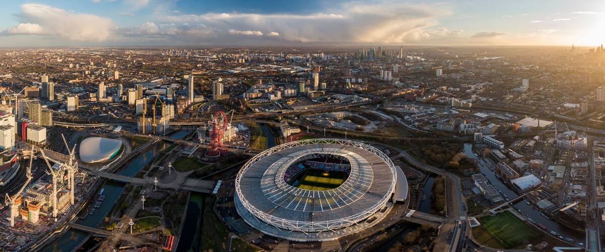 UK, London, Aerial view The Olympic Stadium at sunset