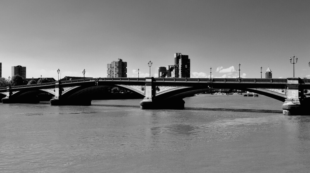 A bridge over a river with city buildings in the background.