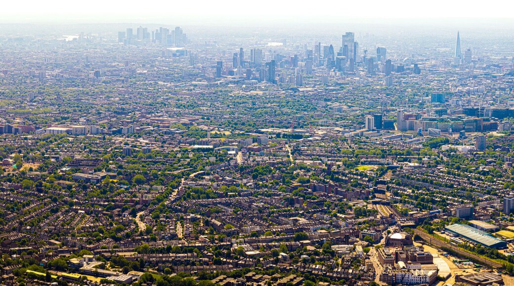 A sprawling cityscape with dense urban development, prominent skyscrapers, and extensive greenery.