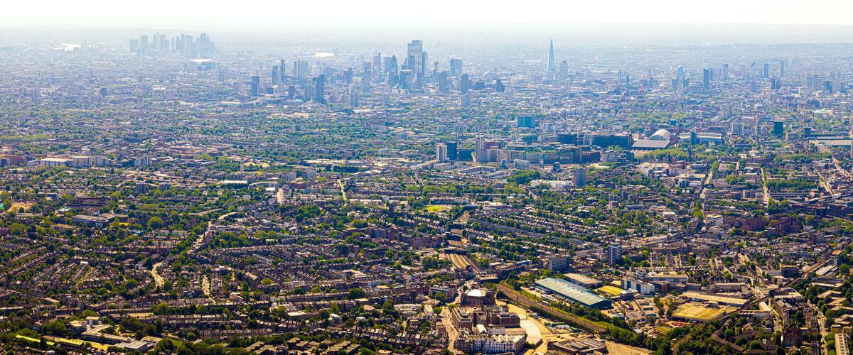 Aerial view of Hampstead Heath, a grassy public space and one of the highest points in London, England