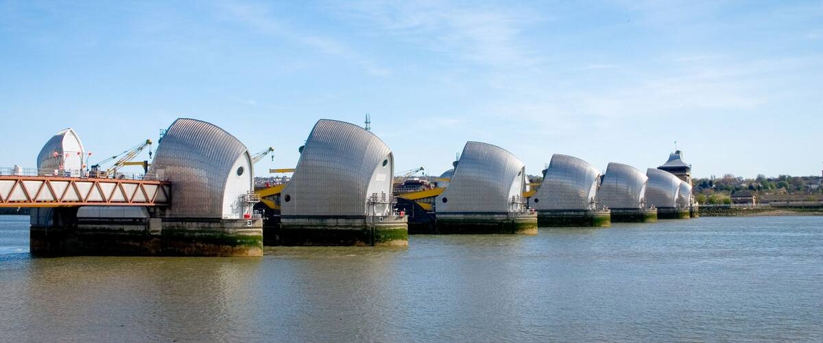 Thames Barrier, London. The contemporary architecture of the London flood barrier which crosses the River Thames between Silvertown and New Charlton.
