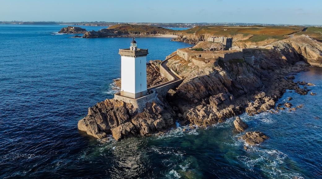 Aerial view of the lighthouse of Kermorvan west of Brest in Brittany, France - Square tower built at the end of a rocky cape facing the Atlantic Ocean