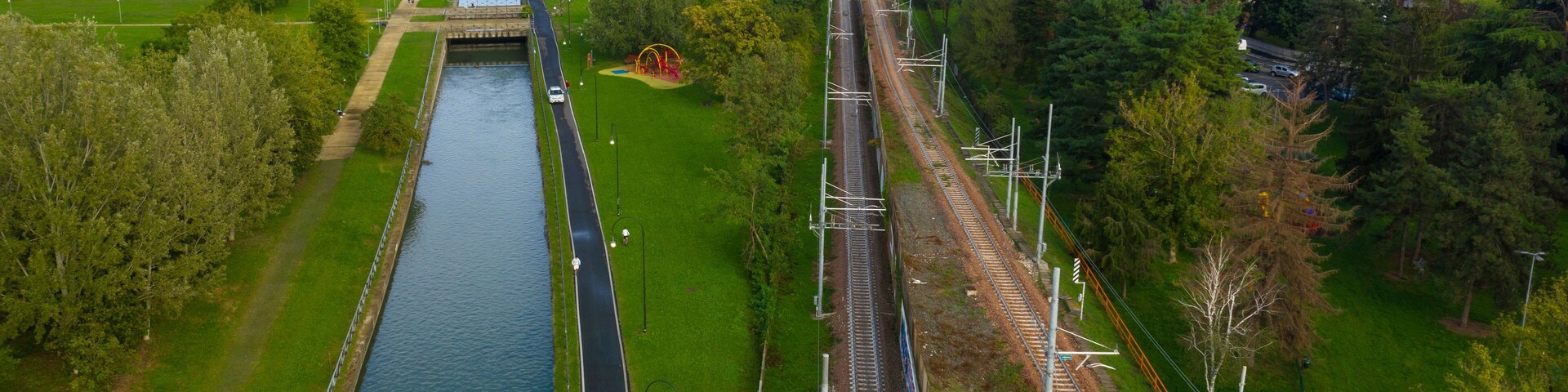 Aerial view of the park near the Naviglio della Martesana in Cologno Monzese, on the outskirts of Milan, Italy.