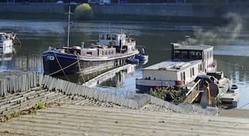 La Cale de la Savatte (Le port fluvial d'Angers). Le quai de la Savatte n'a rien à voir avec une quelconque chaussure, c'était une pièce de bois sur laquelle reposaient les navires à fond plat, les gabares. Jusque vers 1860, la Maine serpentait entre des îlots de prairies qui la divisaient en plusieurs bras. La plus grande de ces îles, l’île de la Savatte était bâtie. L’île de la Savatte, seule île bâtie, est aussi appelée île des Carmes, suite à l’établissement d’un couvent de l’ordre mendiant des Carmes en 1368. On appelait le bras de Maine entre la Doutre et l’île, le canal de la Tannerie. C’était un endroit malodorant, à cause des tanneurs qui y avaient installé leur industrie. A partir des premières décennies du XIXe siècle sont véritablement construits des quais, même si les projets en remontaient au moins à 1630. La métamorphose se poursuit après l'inondation de 1856 qui suscite en 1861 un programme d’assainissement et d’exhaussement des "bas quartiers" avec l’aide de l’État. Il faut vingt ans pour métamorphoser la rive droite. L’île de la Savatte est réunie à la Doutre en 1863-1865 avec les déblais du boulevard Descazeaux. En 1869, on creuse cette prairie pour créer la cale de la Savatte, entourée de nouveaux quais empierrés et utilisée comme port au sable jusqu’en 1984. Le quai des Carmes bâti en 1872-1878 et son prolongement jusqu’à la Haute-Chaîne seront achevés en 1883. Par la suite, le tracé de la rivière n’évolue plus de façon fondamentale. Depuis, la cale est devenue un port de plaisance. The slipway Savatte