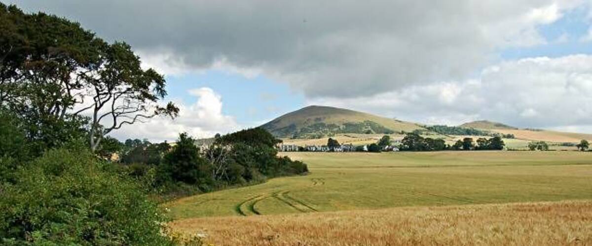 A rural landscape with a field, a hill, and a trail.