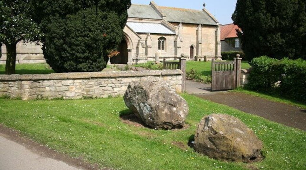 The Drake Stones. Two lumps of Spilsby sandstone by the gate to St.Ediths church known as The Drake Stones
actually a glacial erratic, but with a considerably more interesting Lincolnshire folk tale explanation. Long ago, a man ploughing a field north of the church saw his horses and plough mysteriously disappear into the ground and a dragon (drake) flew out. Next day when the villagers returned to the spot they found a stone shaped like a drakes head and thought there must be treasure beneath it. Unable to move it, the stone remained there for centuries until the 19th century when local intellectuals Dr.Oliver and Rev.Hazelwood used a traction engine to drag it to the church. It was during this relocation that the stone broke and became The Drake Stones.