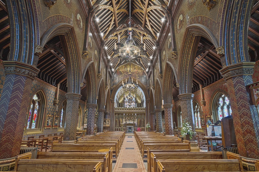 Inside the Roman Catholic church of St Giles, Cheadle, Staffordshire, looking southeast to the chancel screen