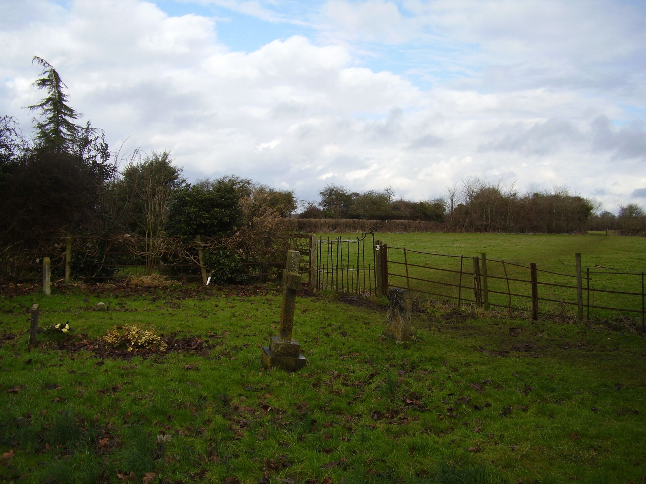 A rural landscape with a grassy field, a wooden fence, and a stone marker.